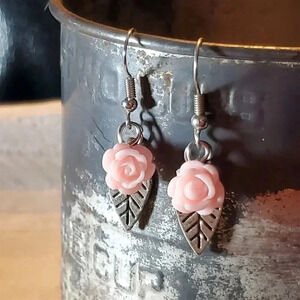Light Pink Lucite Rose Antique Silver Leaf Dangle Earrings